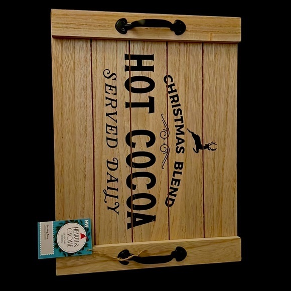 Christmas Serving Tray, Hot Cocoa Served Daily, Holiday Decor, Metal Handles - Picture 2 of 6